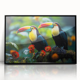 Framed wall art collection showcasing vibrant tropical birds on a black background, featuring intricate details and a modern design, perfect for home decor.