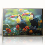 Framed wall art collection showcasing vibrant tropical birds with intricate details and a gold-acrylic finish, perfect for adding a touch of nature to home decor.
