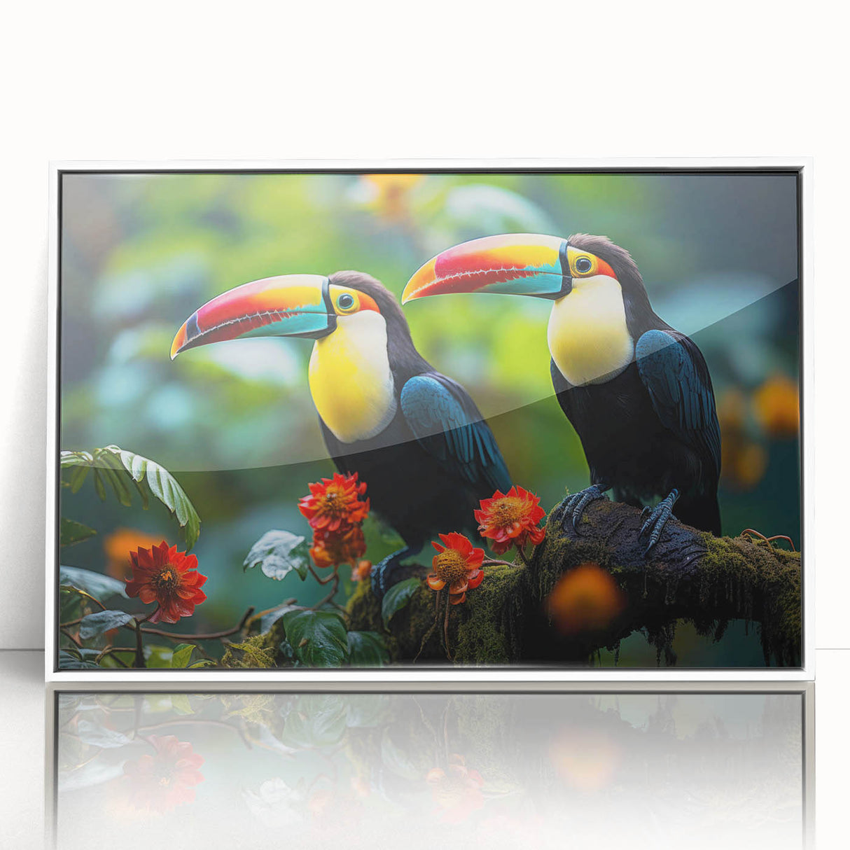 Framed acrylic wall art featuring a vibrant tropical bird design, showcasing colorful plumage and intricate details, perfect for enhancing home decor with a nature theme.