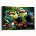 Framed wall art featuring a vibrant tropical bird design on a canvas, showcasing vivid colors and intricate details, with a sleek black frame enhancing its aesthetic appeal.