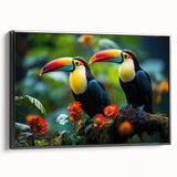 Framed wall art featuring a vibrant tropical bird design on a canvas, showcasing vivid colors and intricate details, with a sleek black frame enhancing its aesthetic appeal.