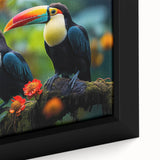 Close-up of a vibrant tropical birds wall art collection, showcasing colorful feathered designs on framed canvas, perfect for enhancing home decor.