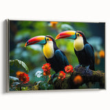 Framed canvas wall art featuring a vibrant tropical bird design, showcasing rich colors and intricate details, perfect for enhancing modern decor.