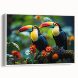 Framed tropical birds wall art in vibrant colors, showcasing a collection of exotic bird designs against a white backdrop, ideal for home decor.