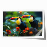Vibrant tropical birds wall art print showcasing colorful parrots and exotic foliage, ideal for enhancing home decor, presented as a rolled canvas.