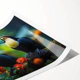 Vibrant tropical bird design wall art print featuring colorful parrots and exotic foliage, rolled and ready for display in a stylish home decor setting.