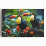 Tropical birds wall art collection displayed on stretched canvas, showcasing vibrant colors and intricate designs, perfect for enhancing home decor and nature themes.