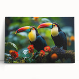 Colorful tropical birds wall art collection on stretched canvas, featuring vibrant hues and intricate designs, perfect for enhancing home decor and adding a lively touch.