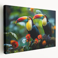 Stretched canvas wall art showcasing a vibrant tropical bird design, featuring bright colors and intricate details, perfect for enhancing home decor with a nature theme.