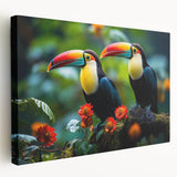Stretched canvas wall art showcasing a vibrant tropical bird design, featuring bright colors and intricate details, perfect for enhancing home decor with a nature theme.