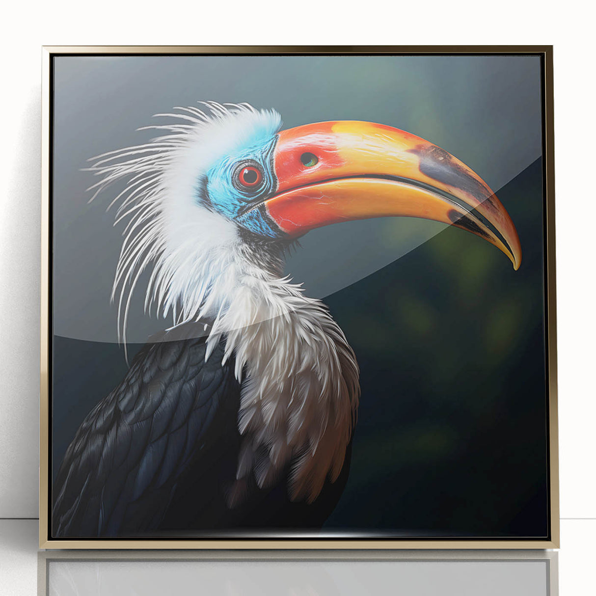 Framed tropical bird wall art collection featuring vibrant colors and intricate designs, highlighted by a gold acrylic frame, perfect for enhancing home decor.