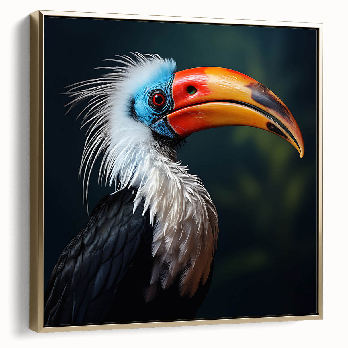 Framed canvas wall art showcasing a vibrant tropical bird design, featuring lush green foliage and gold accents, perfect for enhancing any interior decor.