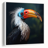 Framed canvas wall art featuring a vibrant tropical bird design, showcasing bright colors and intricate details, displayed in a sleek white frame for modern decor.