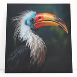 Tropical birds wall art collection displayed on a white wall, featuring vibrant colors and detailed illustrations of various exotic birds on stretched canvas.