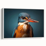 Framed canvas wall art showcasing a vibrant tropical bird design with intricate details and bright colors, displayed from a side view against a white background. This decorative piece enhances modern home decor with its lively and exotic aesthetic.