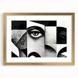 Framed black and white abstract wall art with a gold mat, showcasing unique geometric patterns, perfect for modern home decor.