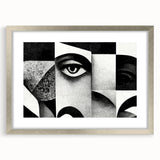 Framed black and white abstract wall art design showcasing dynamic shapes and textures, set in a silver frame with a matte finish.