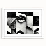 Framed black and white abstract wall art design with a modern aesthetic, featuring intricate shapes and patterns, displayed in a white mat.