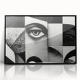 Framed black and white abstract wall art design showcasing fluid shapes and contrasting patterns, perfect for modern decor.