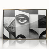 Framed black and white abstract wall art with a sleek gold border, showcasing intricate geometric patterns and modern design elements.