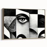 Framed black and white abstract wall art design showcasing geometric patterns and textures, with a gold side accent for modern decor.
