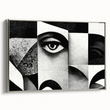 Framed black and white abstract wall art showcasing a modern design, featuring geometric shapes and a sleek silver frame, ideal for contemporary decor.