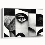 Framed black and white abstract wall art showcasing dynamic geometric shapes and textures, displayed in a sleek white frame from a side view.