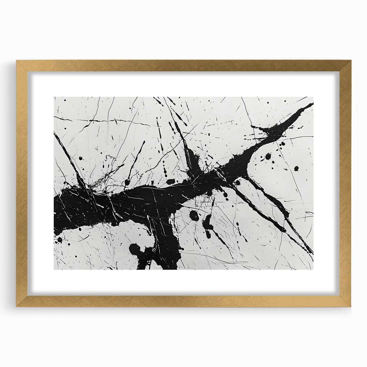 Framed black and white abstract wall art design featuring geometric shapes and lines, accented with a gold mat for a modern aesthetic.