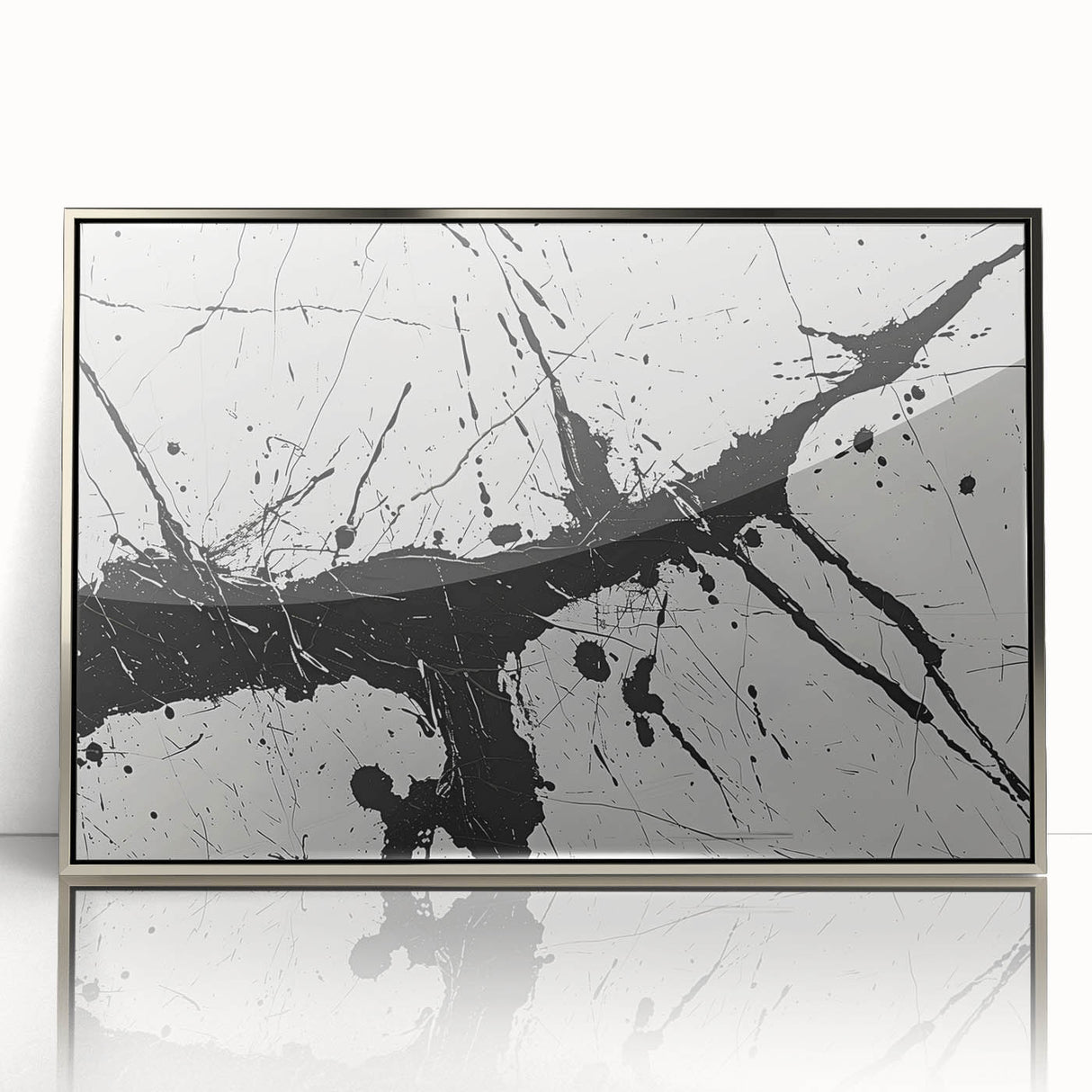 Framed black and white abstract wall art featuring a dynamic design with geometric shapes and fluid lines, set in a sleek silver frame.