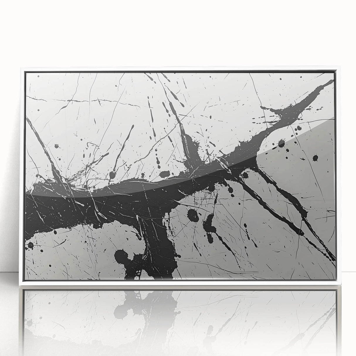 Framed black and white abstract wall art design showcasing geometric shapes and lines, mounted in a sleek white frame for modern decor.