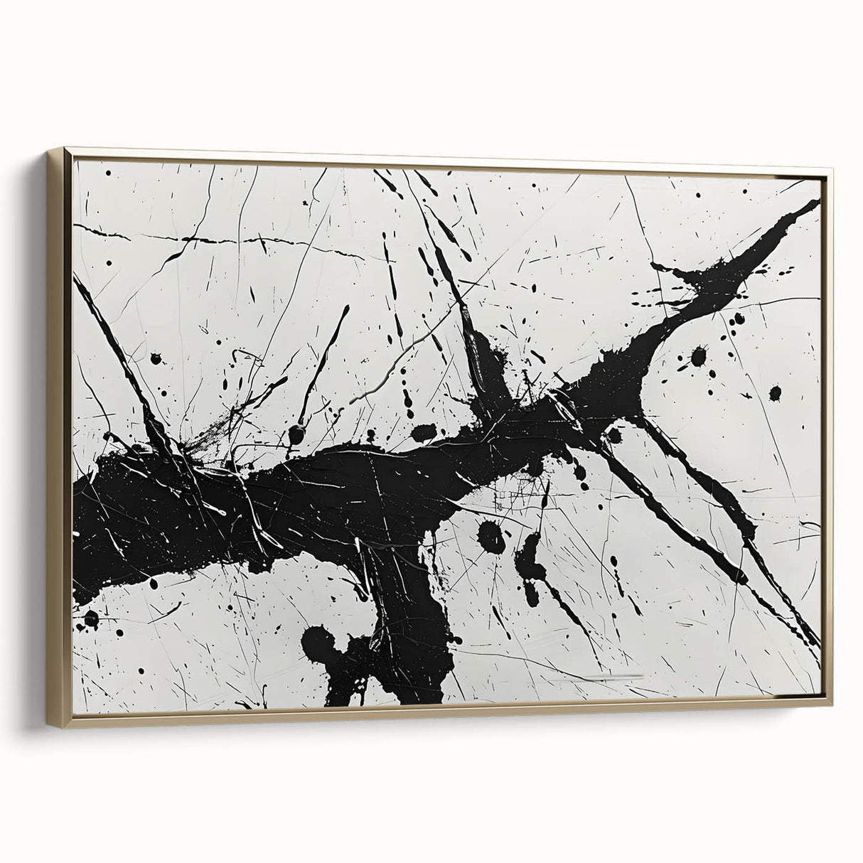Framed black and white abstract wall art design showcasing dynamic shapes and patterns, accented with a gold side frame for elegance.