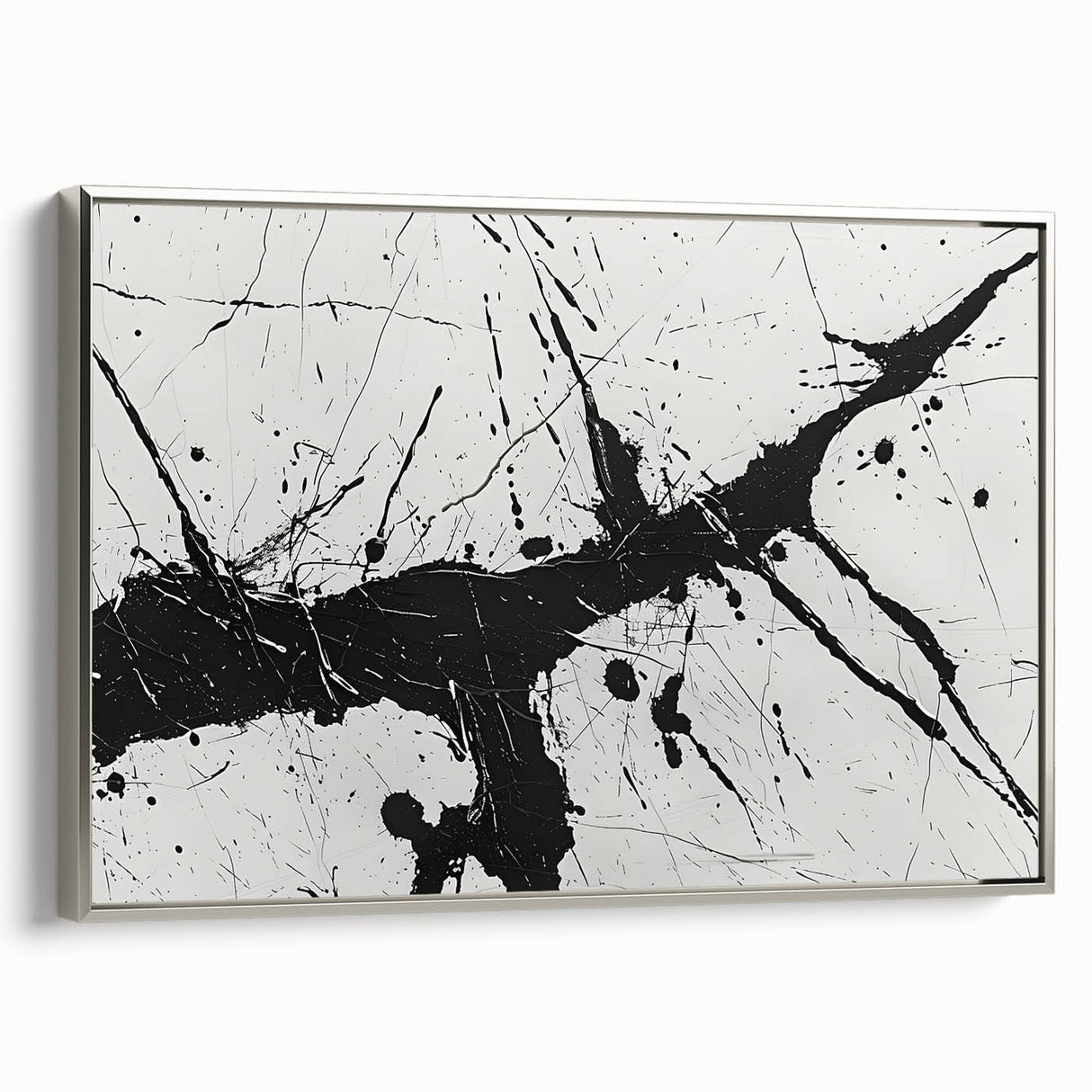 Framed black and white abstract wall art design showcasing elegant curves and geometric shapes, presented with a silver frame for modern decor.