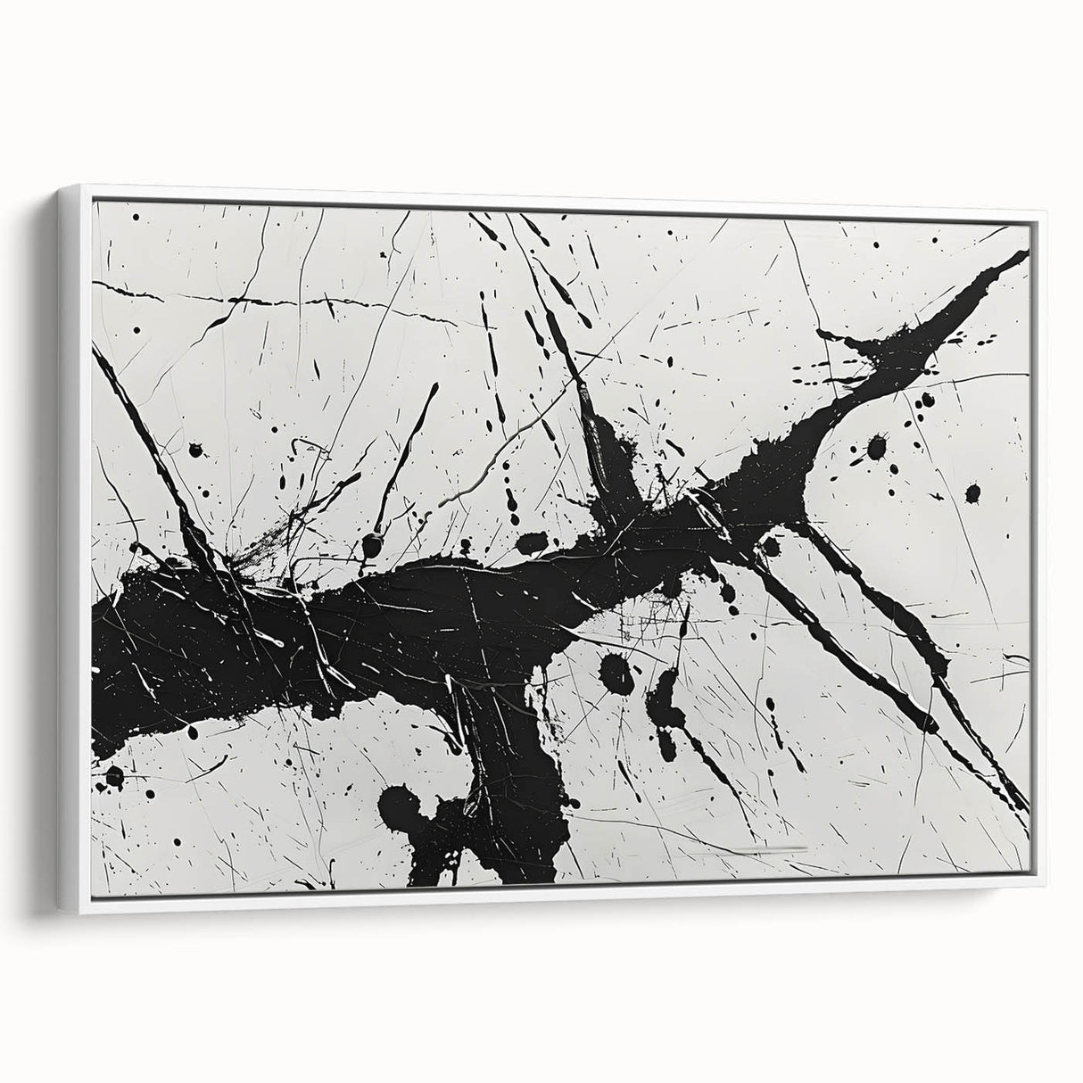 Framed black and white abstract wall art design featuring bold geometric shapes, displayed from a side view to highlight its elegant modern aesthetic.