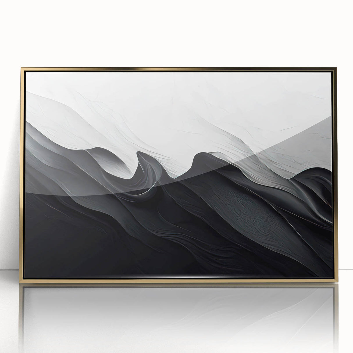 Framed black and white abstract wall art featuring fluid shapes and textures, accented with a gold border, adding elegance to any decor.
