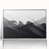 Framed black and white abstract wall art featuring geometric shapes and fluid lines, displayed from a front view with a sleek white frame.