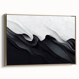 Framed black and white abstract wall art with a gold edge, showcasing dynamic shapes and lines, ideal for modern interior decor.