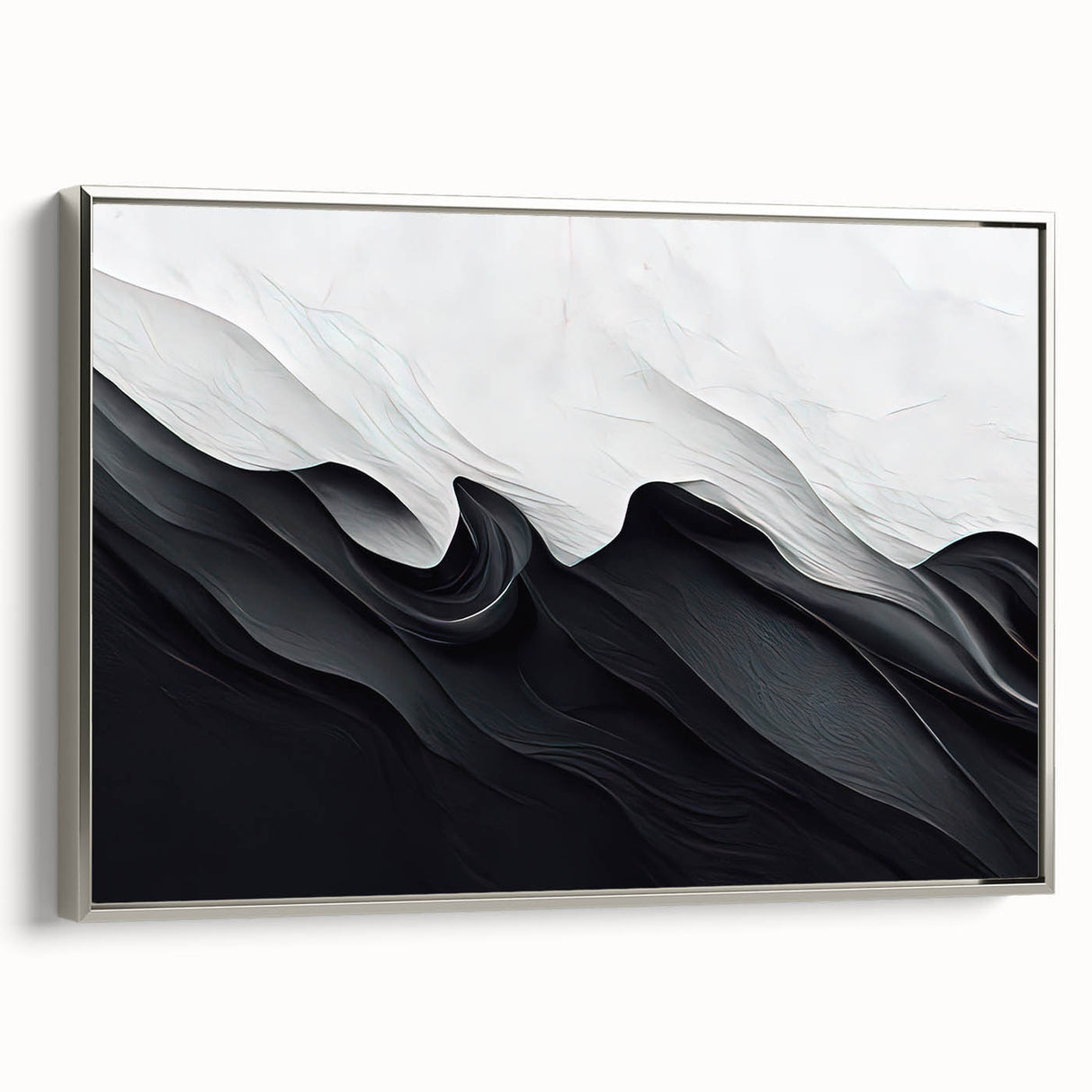 Framed black and white abstract design wall art showcasing a modern aesthetic with silver accents, perfect for contemporary decor.