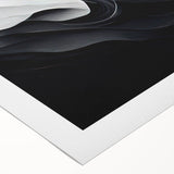 Black and white abstract design wall art on rolled canvas, showcasing fluid shapes and contrasting tones, ideal for modern decor.