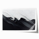 Abstract black and white wall art print showcasing a dynamic design with swirling shapes and contrasting tones, ideal for modern decor.