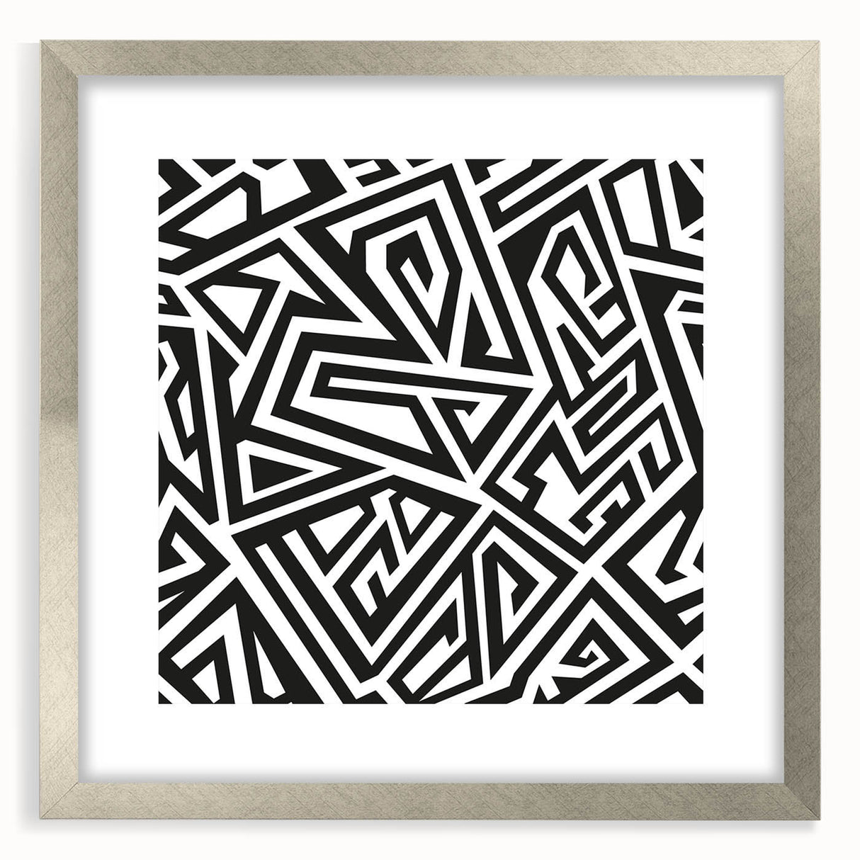 Framed black and white abstract wall art design featuring bold geometric shapes and silver matting, ideal for modern home decor.