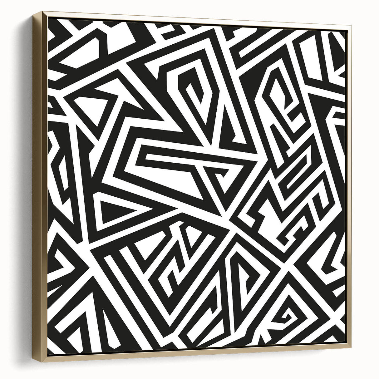 Framed black and white abstract wall art with a gold border, showcasing a modern design suitable for contemporary home decor.