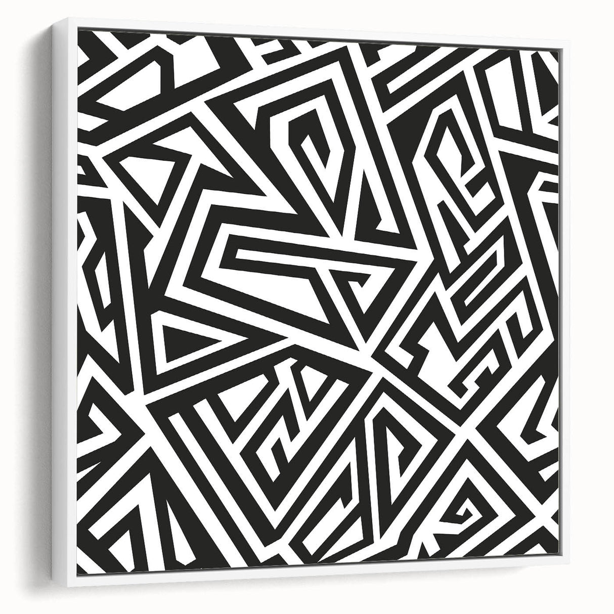 Framed black and white abstract wall art design showcasing dynamic shapes and lines, enhancing modern decor with a stylish side view.