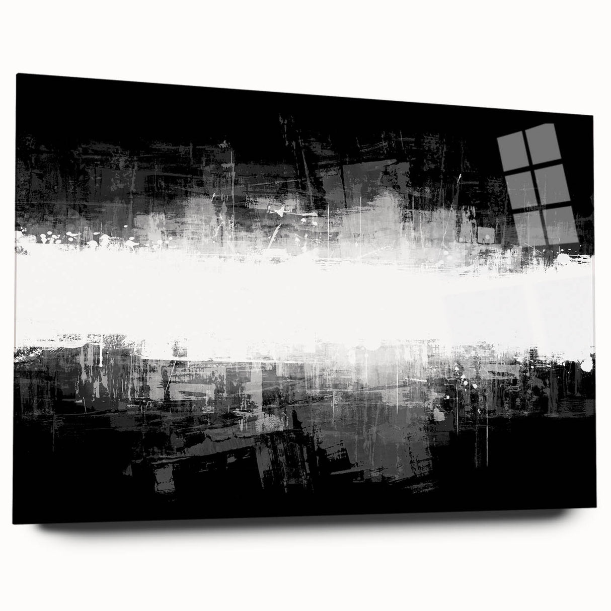Black and white abstract wall art design in acrylic glass, showcasing a modern, minimalist aesthetic with smooth edges and a sleek side profile.