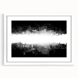 Black and white abstract wall art framed with a white mat, showcasing geometric shapes and fluid lines, perfect for modern decor.