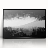 Framed black and white abstract wall art showcasing dynamic geometric shapes and lines, enhancing modern interior decor with elegance.