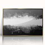 Framed black and white abstract wall art featuring a unique geometric design with gold accents, enhancing modern decor aesthetics.