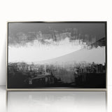 Framed black and white abstract wall art design showcasing unique geometric patterns, elegantly displayed in a silver frame for modern decor.