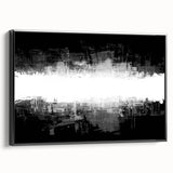 Framed black and white abstract wall art featuring dynamic geometric shapes and lines, displayed at a slight angle to showcase depth.