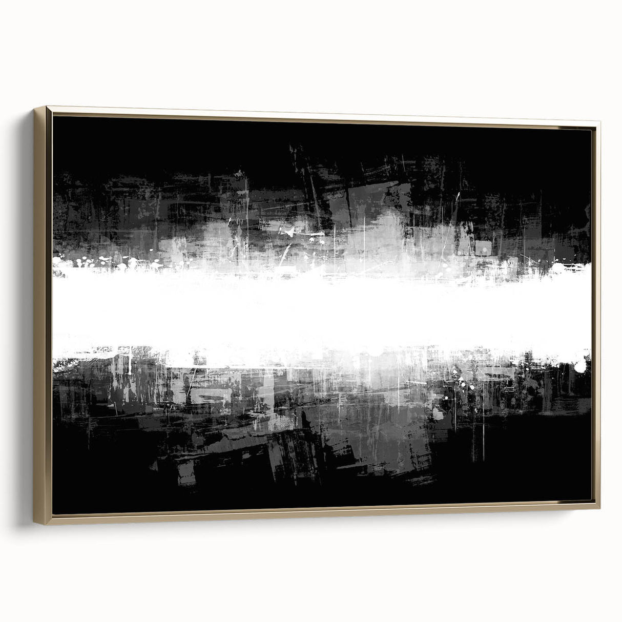 Framed black and white abstract wall art showcasing a modern design with gold accents, perfect for contemporary decor.