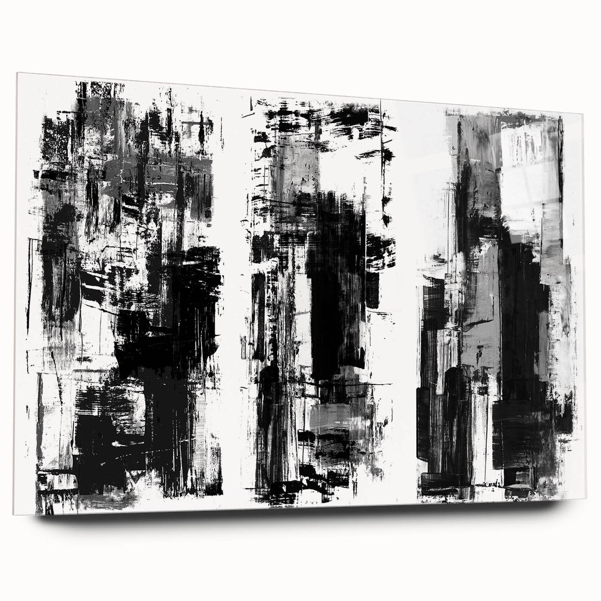 Abstract black and white wall art design displayed in an acrylic glass frame, showcasing a modern geometric pattern and sleek side profile.